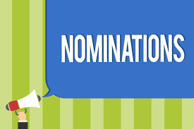 graphics with a bullhorn and word bubble with "nominations"